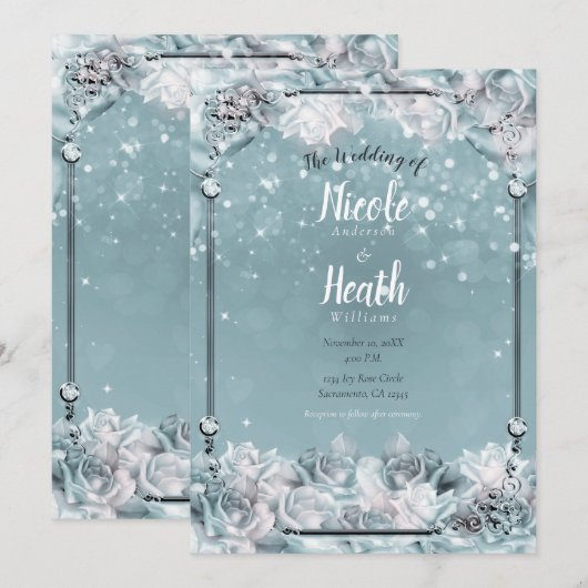Invitation Roses d'hiver enchantées argentées blanches sarcel (Devant / Derrière)