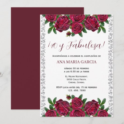 Invitation Roses & Diamonds Feminine 40th Birthday Spanish (Devant / Derrière)