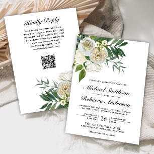 Invitation Roses d'Ivoire Code QR Floral Botanique Mariage