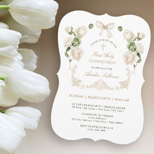 Invitation Roses d'ivoire délicates encadrent la Première Com