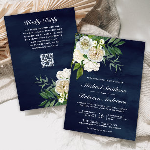 Invitation Roses d'Ivoire Floral Bleu Nuit Code QR Mariage