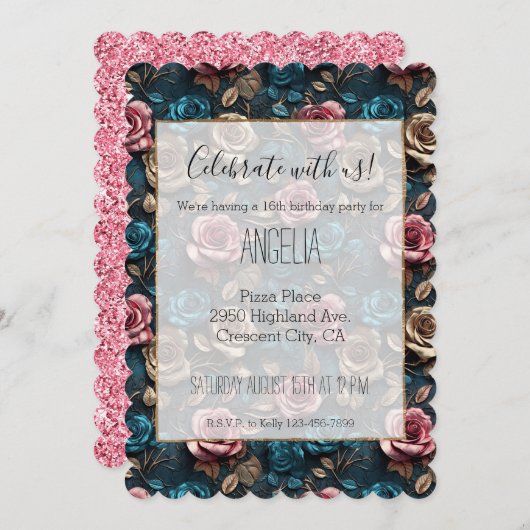 Invitation Roses d'or de champagne d'Aqua rose fille (Devant / Derrière)