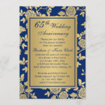 Invitation Roses d'or en bleu 65e anniversaire<br><div class="desc">Rose anglais d'or sur arrière - plan bleu 65e anniversaire Mariage Invitation</div>