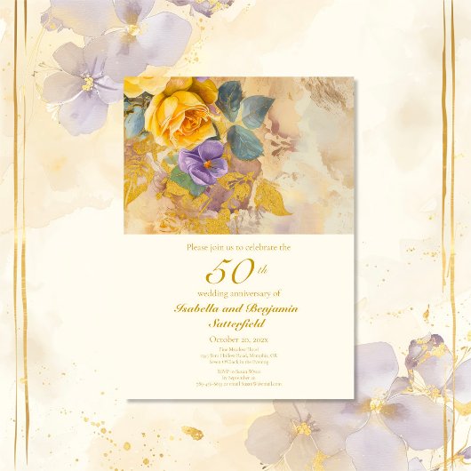 Invitation Roses d'or et violets 50e anniversaire de Mariage