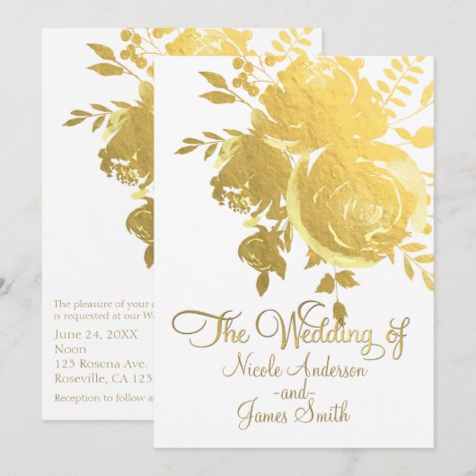 Invitation Roses d'or Faux Foil Elégant Mariage floral modern (Devant / Derrière)