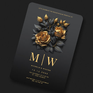 Invitation Roses d'or noir QR Mariage gothique
