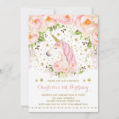 Invitation Roses d'or rose floral Unicorne fête d'anniversair (Devant)