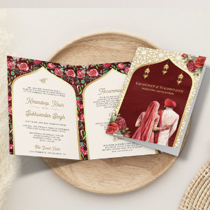 Invitation Roses d'or rouge Floral Tout en Un Mariage Sikh