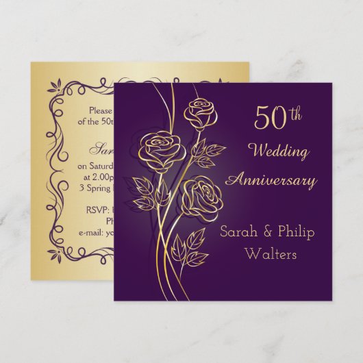 Invitation Roses dorées pour 50e anniversaire de mariage viol (Devant / Derrière)