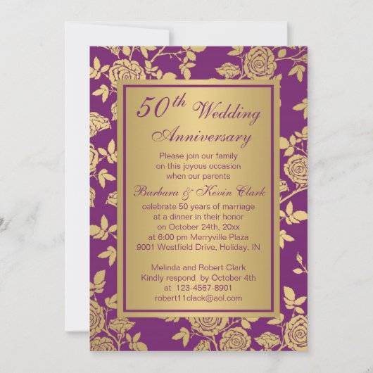 Invitation Roses dorées sur 50e anniversaire violet (Devant)