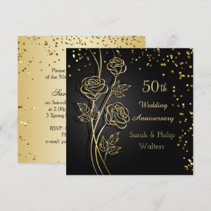 Invitation Roses dorées sur fond noir, confettis 50e annivers