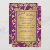 Invitation Roses dorées sur fond violet 50e anniversaire (Devant / Derrière)
