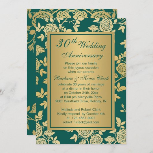 Invitation Roses dorées sur le 30e anniversaire vert (Devant / Derrière)