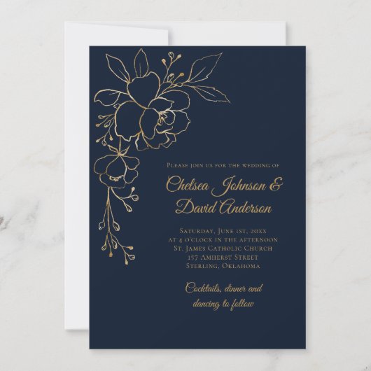 Invitation Roses dorés sur Mariage bleu foncé (Devant)