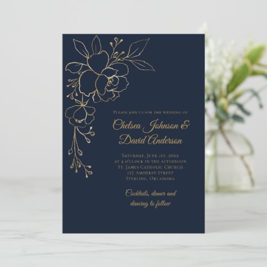 Invitation Roses dorés sur Mariage bleu foncé (Debout devant)