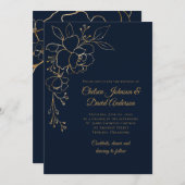 Invitation Roses dorés sur Mariage bleu foncé (Devant / Derrière)
