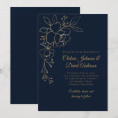 Invitation Roses dorés sur Mariage bleu foncé (Devant / Derrière)