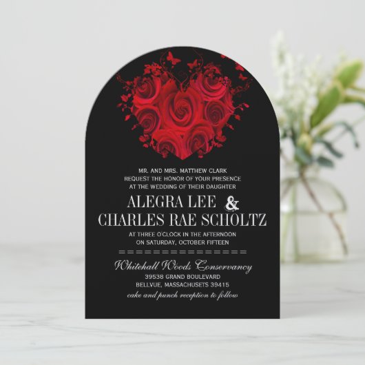 Invitation Roses du coeur rouge et noir Mariages papillon (Debout devant)