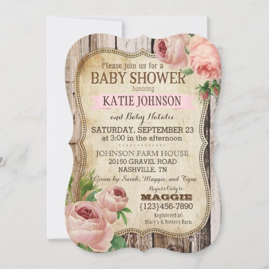 Invitation Roses du pays et Baby shower rustique du bois (Devant)