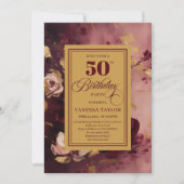 Invitation Roses élégant rouge foncé blush or 50e anniversair (Devant)