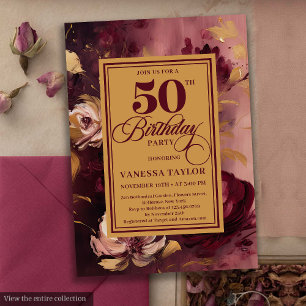 Invitation Roses élégant rouge foncé blush or 50e anniversair