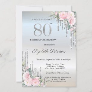 Invitation Roses élégantes avec gouttes de paillettes argent