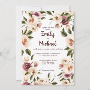 Invitation Roses Élégantes Douces Cadre Mariage Crème Bourgog