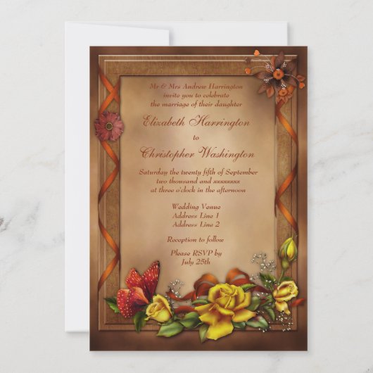 Invitation Roses élégants et mariage de papillon (Dos)