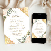 Invitation Roses en crème douce dentelle dorée code QR mariag