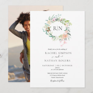 Invitation Roses en feuillage floral photo mariage Monogramme