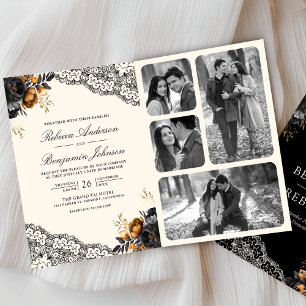 Invitation Roses en or noir dentelle crème code QR gothique m