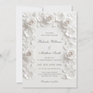Invitation Roses en relief faux blanc cadre baroque mariage