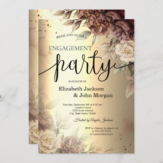 Invitation Roses en terre cuite Élégant Fiançailles de script (Devant / Derrière)