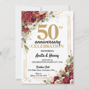 Invitation Roses encadrées Deep Red & Gold pour le 50e Annive