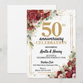 Invitation Roses encadrées rouge profond et or pour 50e anniv (Devant / Derrière)