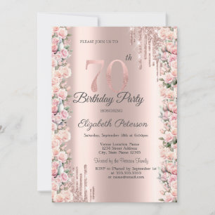 Invitation Roses encadrent des gouttes Rose Gold 70e annivers