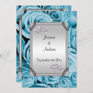 Invitation Roses et anneaux de noces de diamant bleus