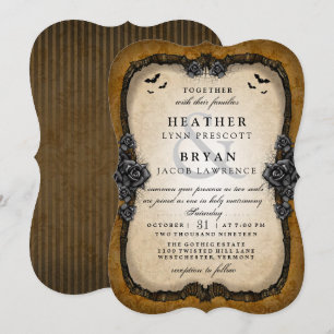 Invitation Roses et chauves-souris gothiques Brown Halloween