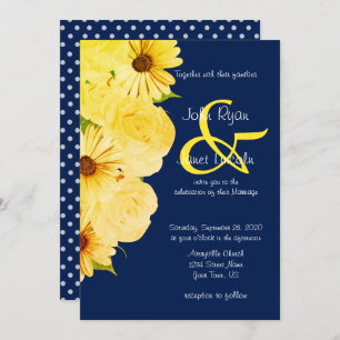 Invitation Roses et marguerites jaunes mariages sur bleu fonc
