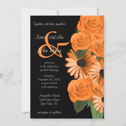 Invitation Roses et marguerites noires et orange (Devant)