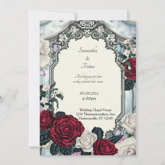Invitation Roses et Mariage gothique encadré de dentelle