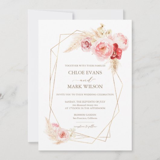 Invitation Roses et Pampas Grass Gold Frame Mariage (Devant)