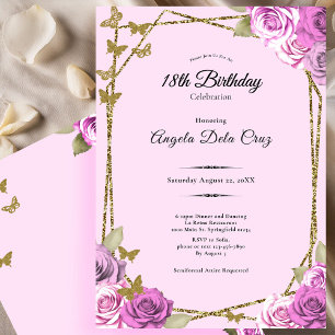 Invitation Roses et Papillons Rose 18ème Début Anniversaire