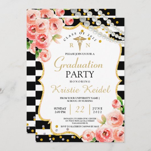 Invitation Roses et Perl Infirmière (Devant / Derrière)
