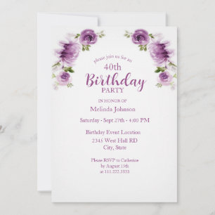 Invitation Roses et Pivoines Aquarelle Fuchsia 40e Anniversai