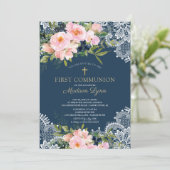 Invitation Roses et pivoines bleus Lace Première communion (Debout devant)