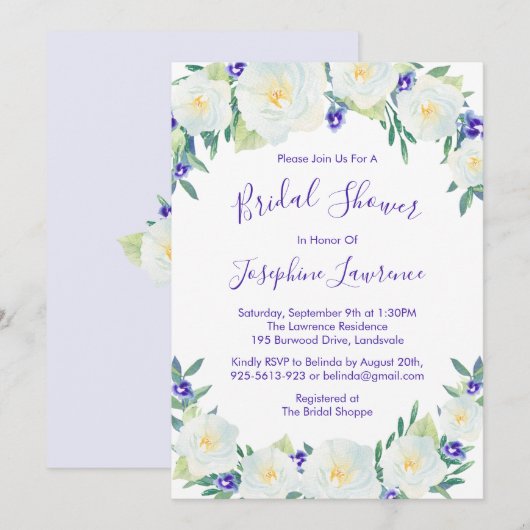 Invitation Roses et Violets blancs Fête des mariées aquarelle (Devant / Derrière)