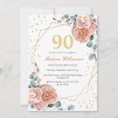Invitation Roses & Eucalyptus Floral 90e Anniversaire Fête In (Devant)