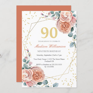 Invitation Roses & Eucalyptus Floral 90e Anniversaire Fête In