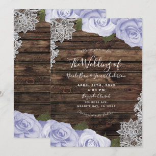 Invitation Roses Fleurales Violettes Glacées Mariage Bois Rus